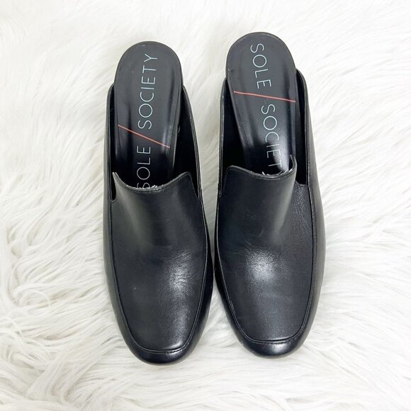 Sole Society Womens 6 Black Leather Carlotta Chunky Heel Mules Slip On - Picture 2 of 7